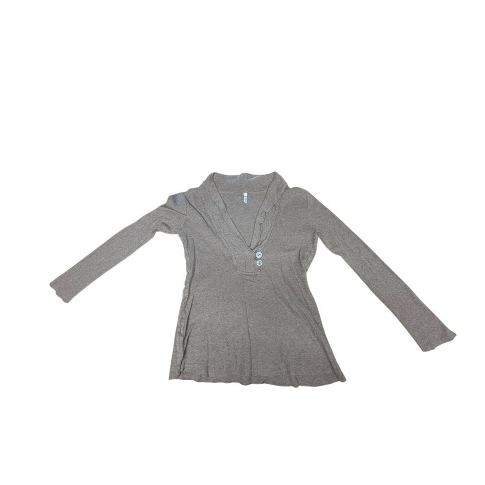 VTG Womens Waffle Knit Thermal Top Taupe Brown Shawl Collar Henley Large Y2K
